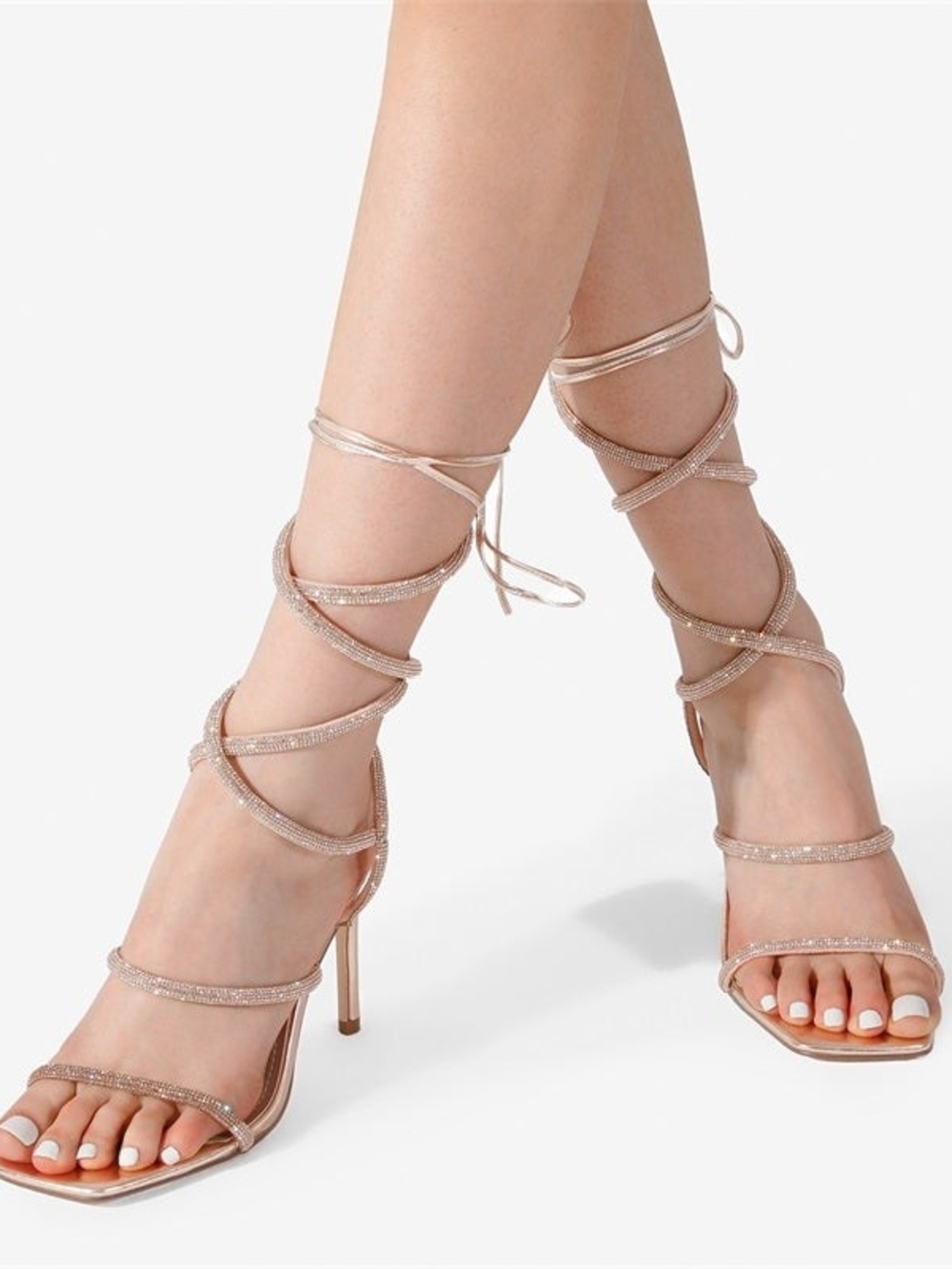 Pink Lace-Up Rhinestone Stiletto Sandals